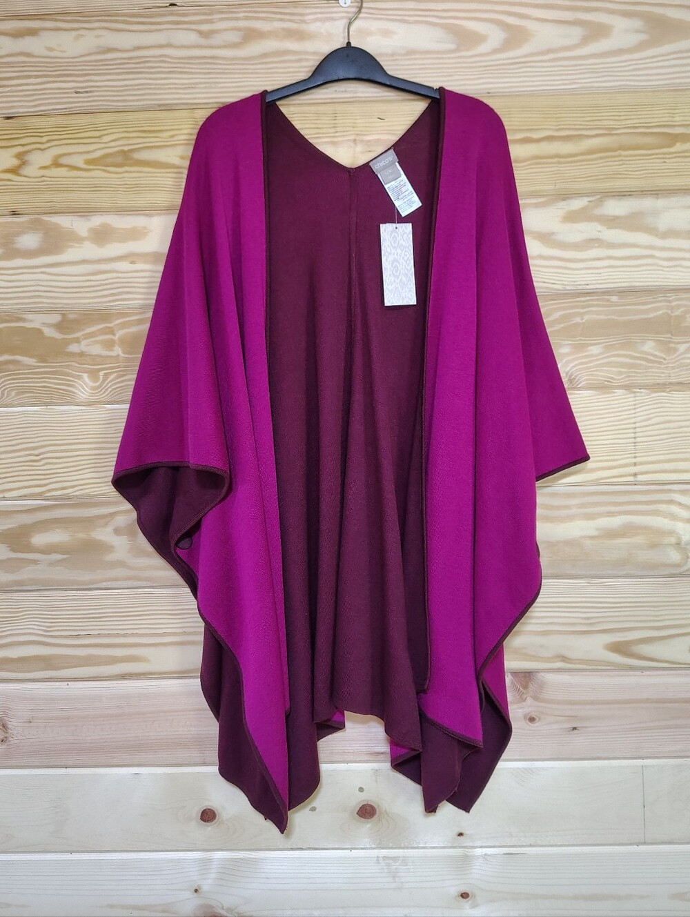 NEW Chico’s Reversible Ruana Poncho Wrap L/XL Pink Burgundy Vest Timeless Classy